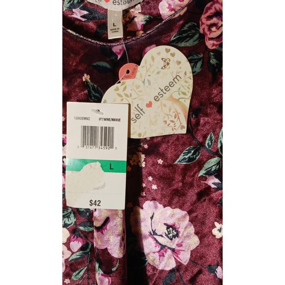 Self Esteem Juniors Large Cold Shoulder Strap Burgundy Floral Velvet Top NWT - Picture 4 of 7